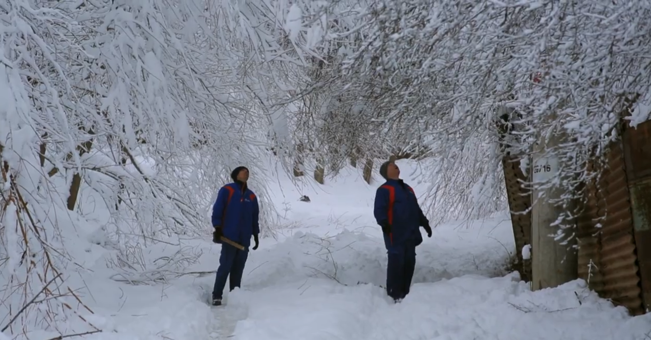 Two E-Distribuție Banat employees on a snow-covered road, looking up at the overhead power lines