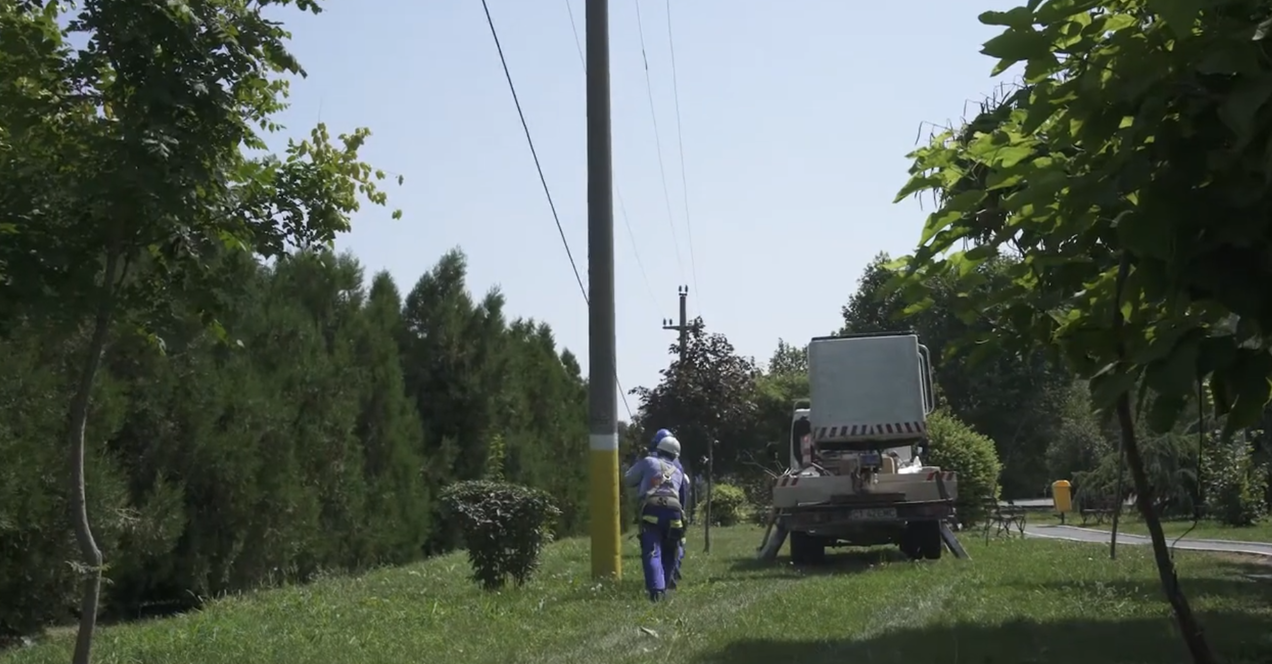 E-Distribuţie Dobrogea employee near an electricity pole, during revision works in Valu lui Traian, Constanta