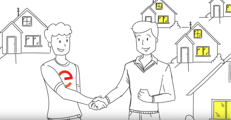 Captură din animație video despre racordare, cu două personaje care se salută